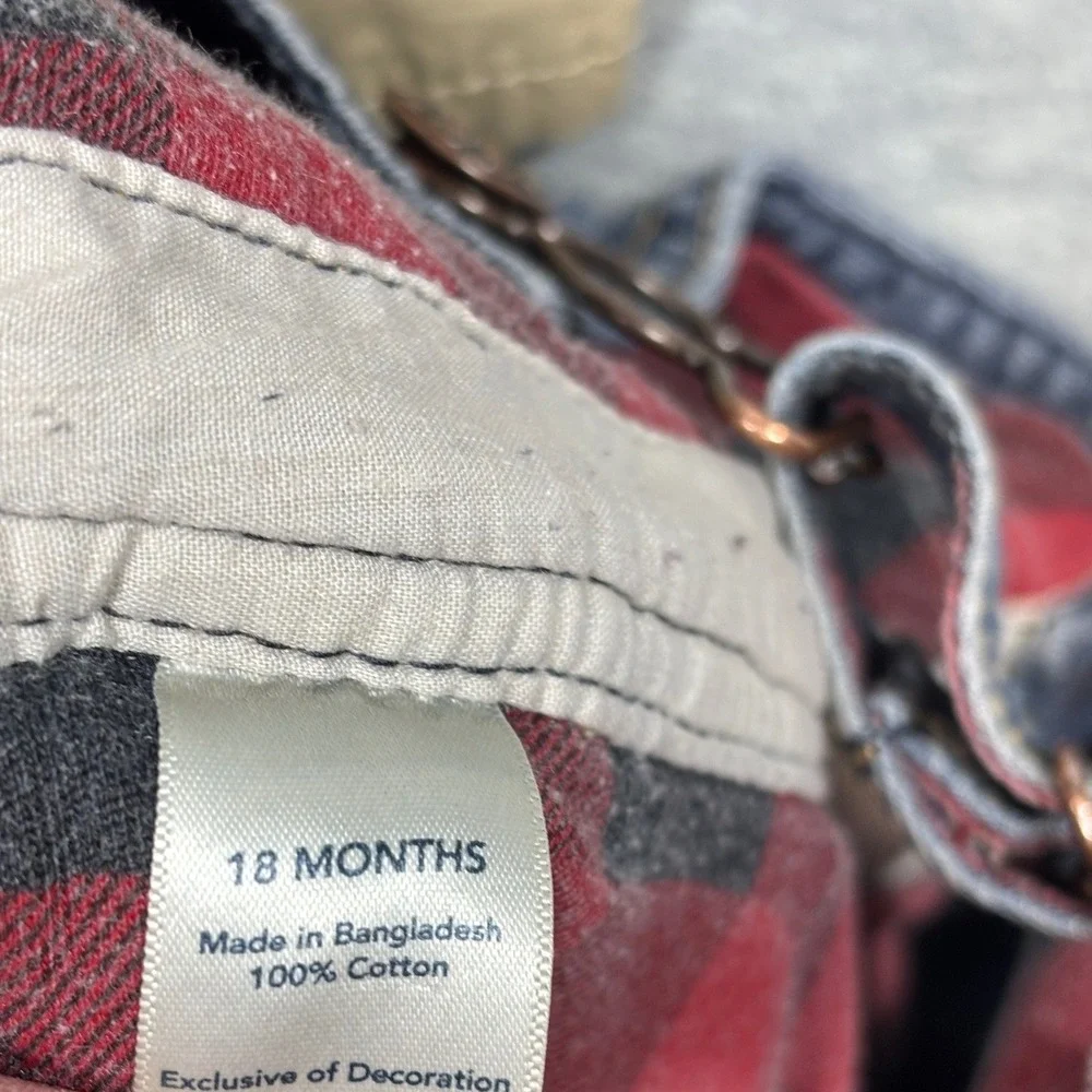 OshKosh Bgosh Toddler Boys Overalls Lot 2 18M Denim Flannel Lined Khaki Plaid
